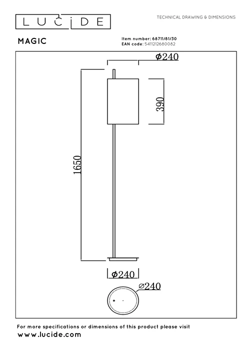 Lucide MAGIC - Floor lamp - Ø 24 cm - 1xE27 - Black - technical